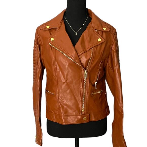 Love Tree Women's Medium Faux Leather Brown Fall Jacket Gold Zipper - Picture 1 of 12